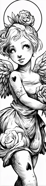 Free angel bookmark to color featuring cute hearts on angel bookmark